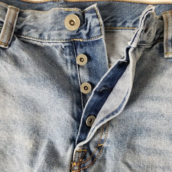 & Denim Blue Distressed Mens Sz 36 Ripped Button Fly Straight Fit Raw Hem Shorts - Picture 2 of 10